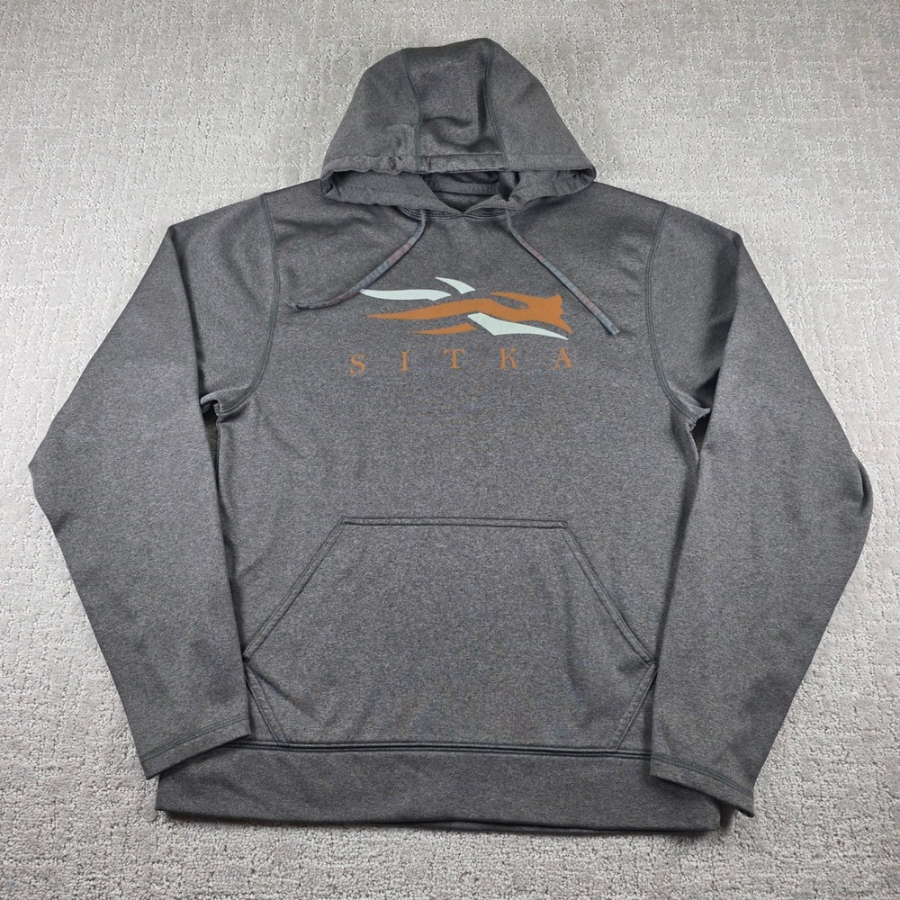 Sitka Gear Mens Medium Logo Hoodie Charcoal Grey Fleece Pullover Thumbholes